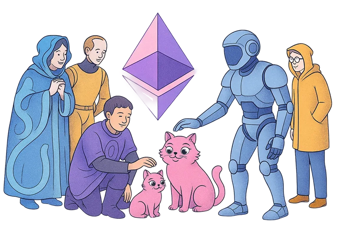 ETHJKT community characters gathered around the Ethereum diamond
