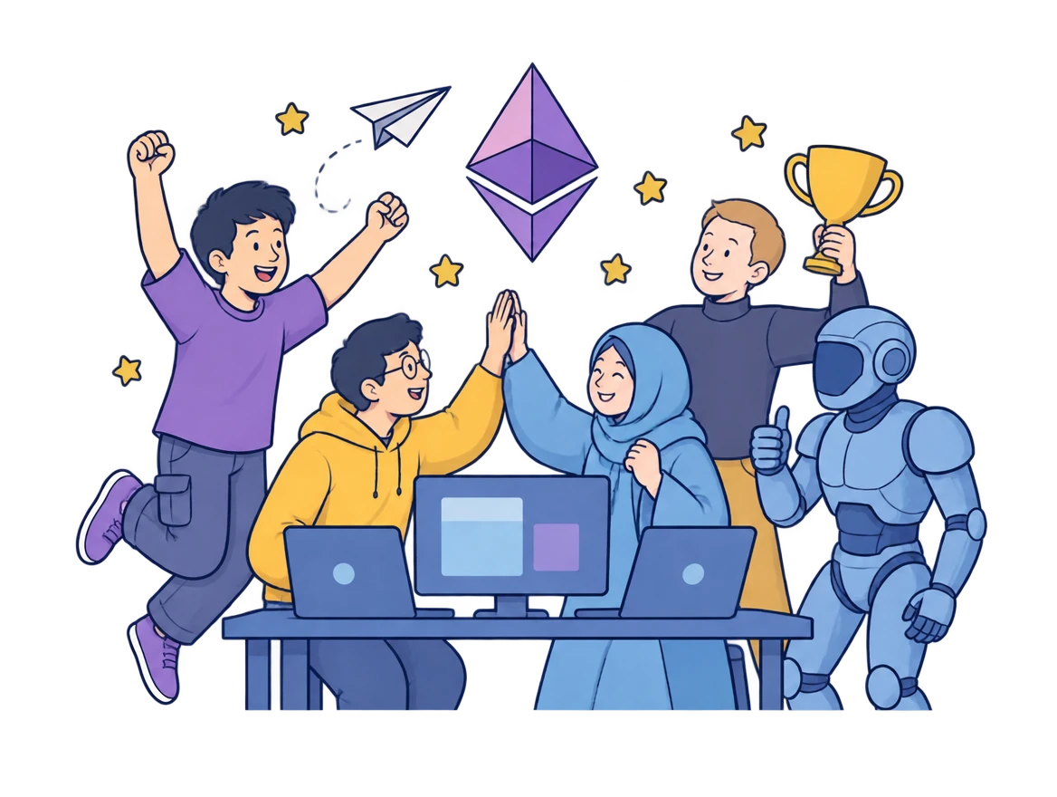 Ink illustration of a team and a robot celebrating a hackathon win