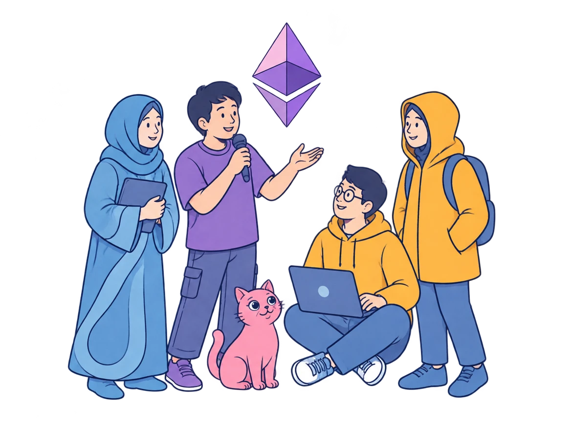 Ink illustration of ETHJKT members gathered around a speaker with a microphone