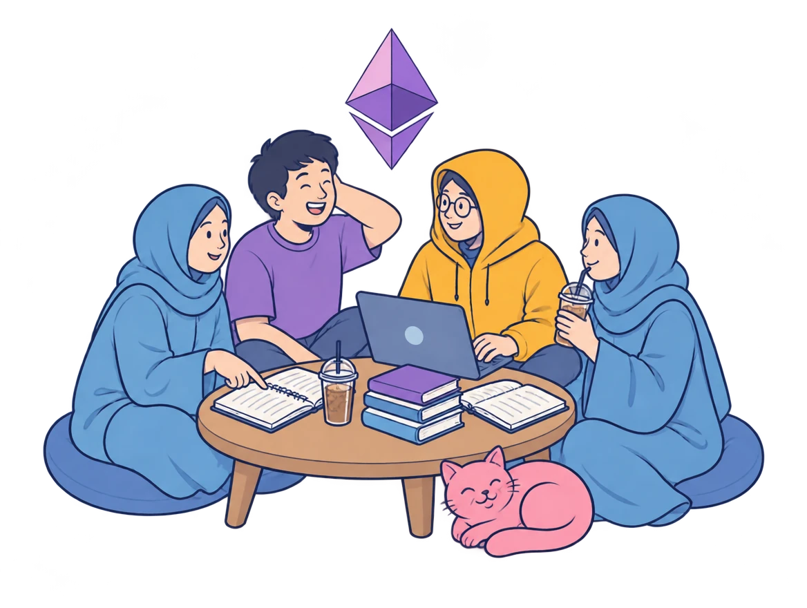 Ink illustration of four friends studying around a low table with a cat