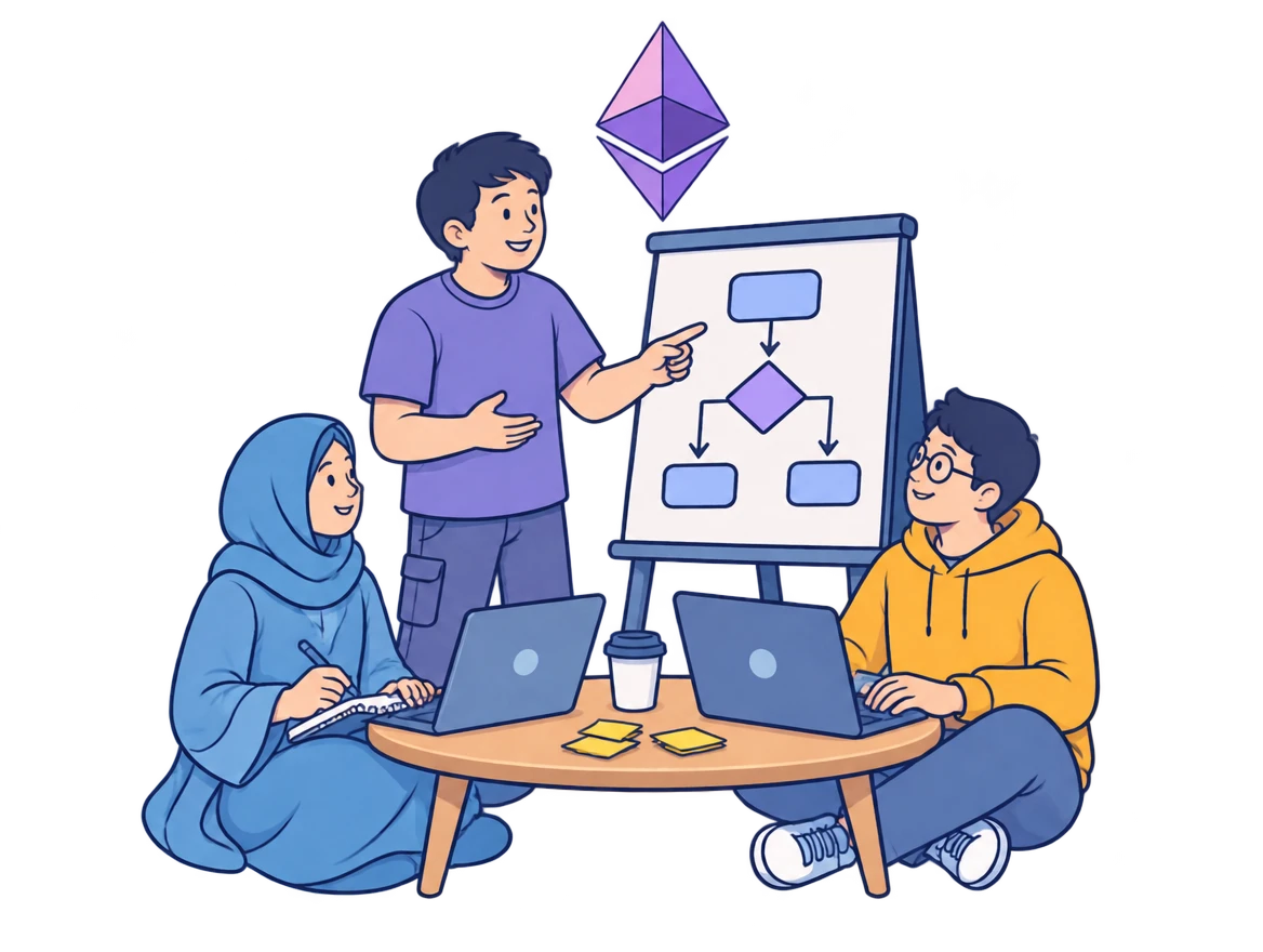 Ink illustration of a mentor explaining a diagram to two builders at laptops